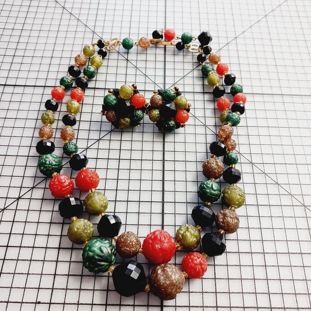 Necklace Earring Set VTG Germany Cha Cha Bead Lucite Cluster Mid Century Modern